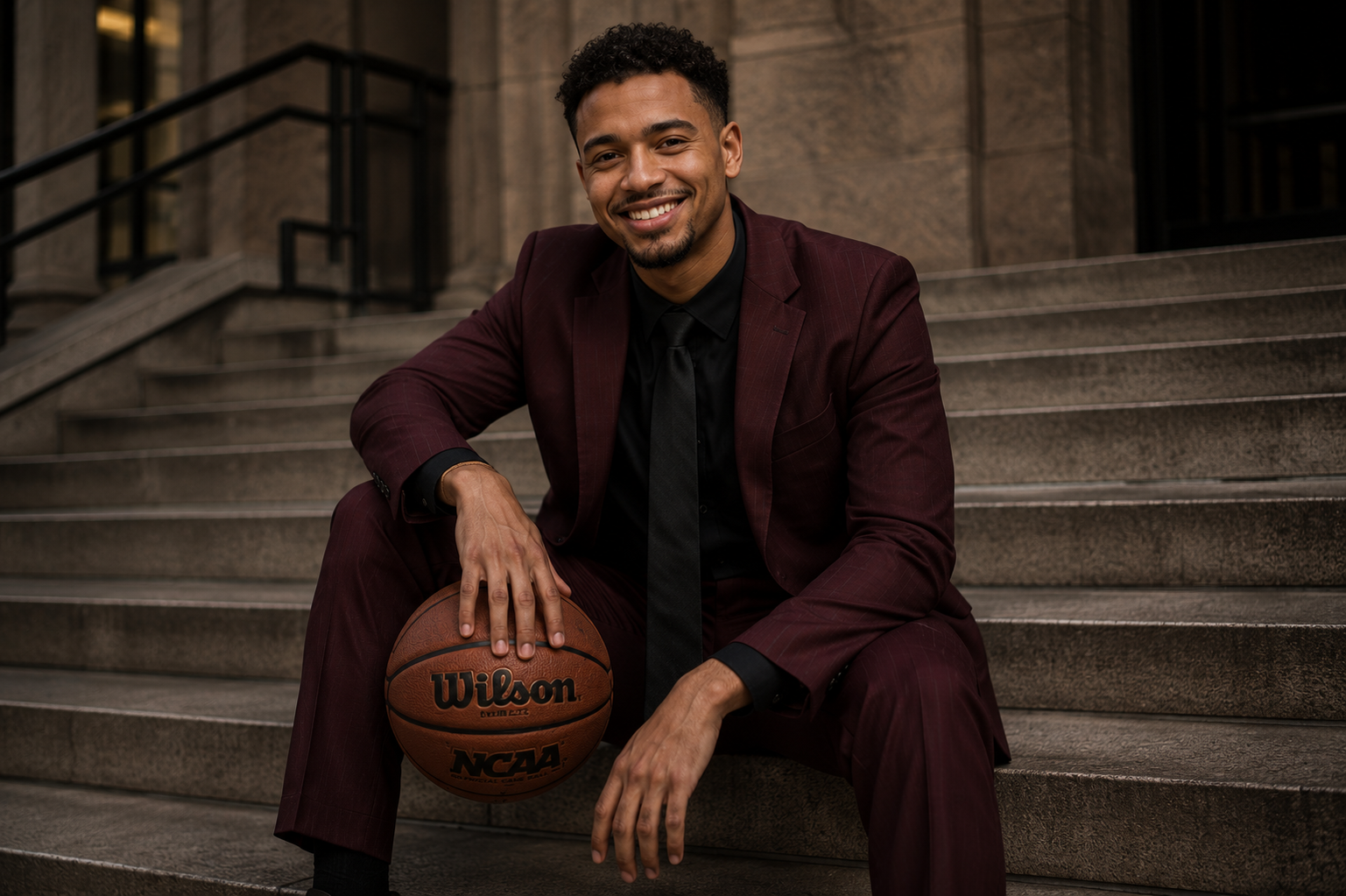 Evolve teammate in a burgundy suit with a basketball on city steps