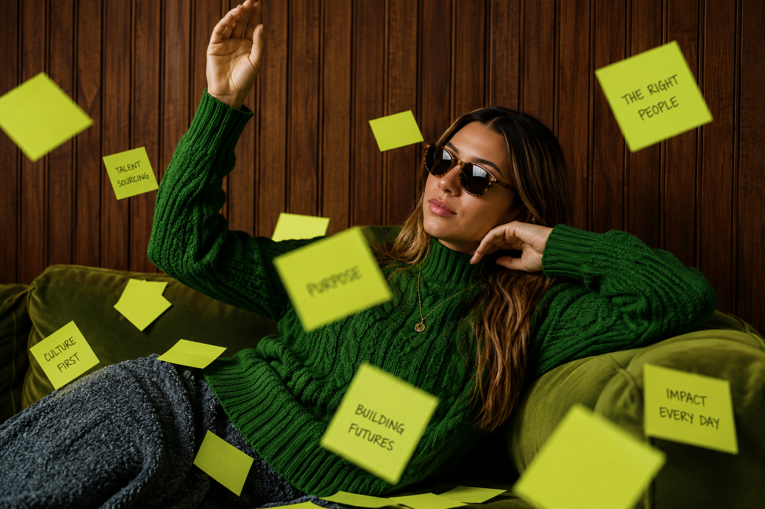 Evolve talent surrounded by floating notes on culture, purpose and impact