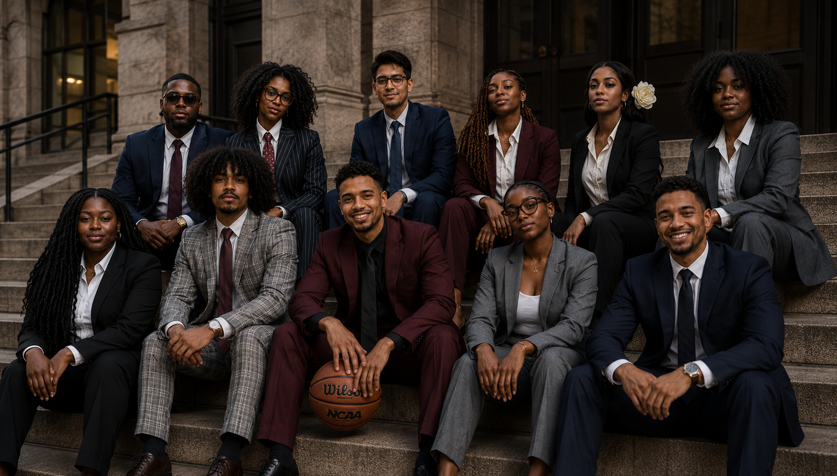 The Evolve team in suits, posed together on stone steps with a basketball