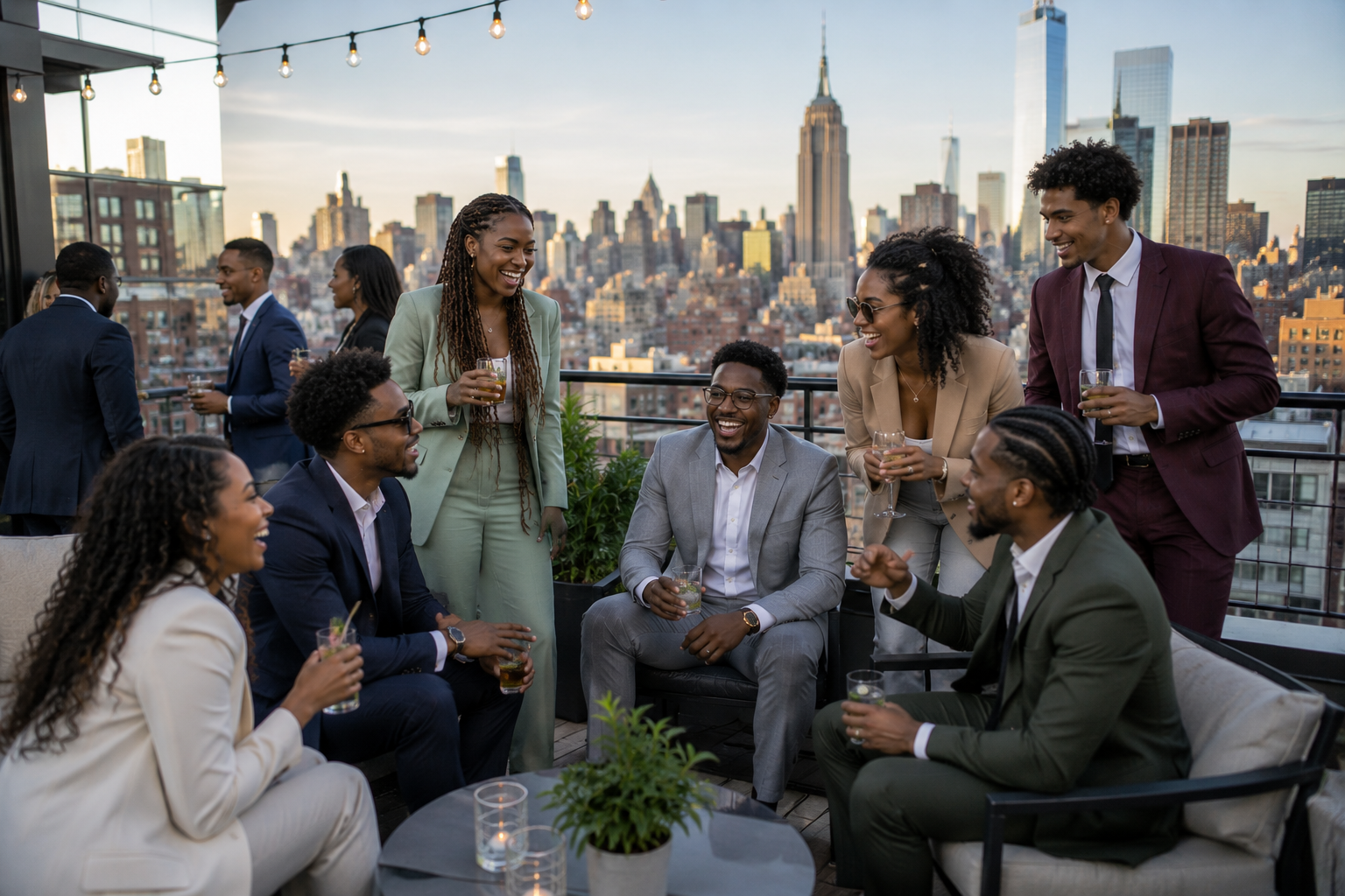 The Evolve team laughing together at a rooftop gathering over the Manhattan skyline