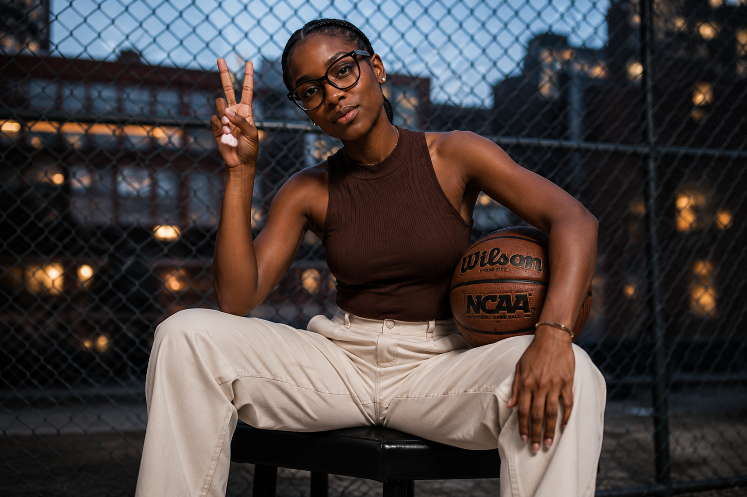 Evolve teammate holding a basketball courtside at dusk