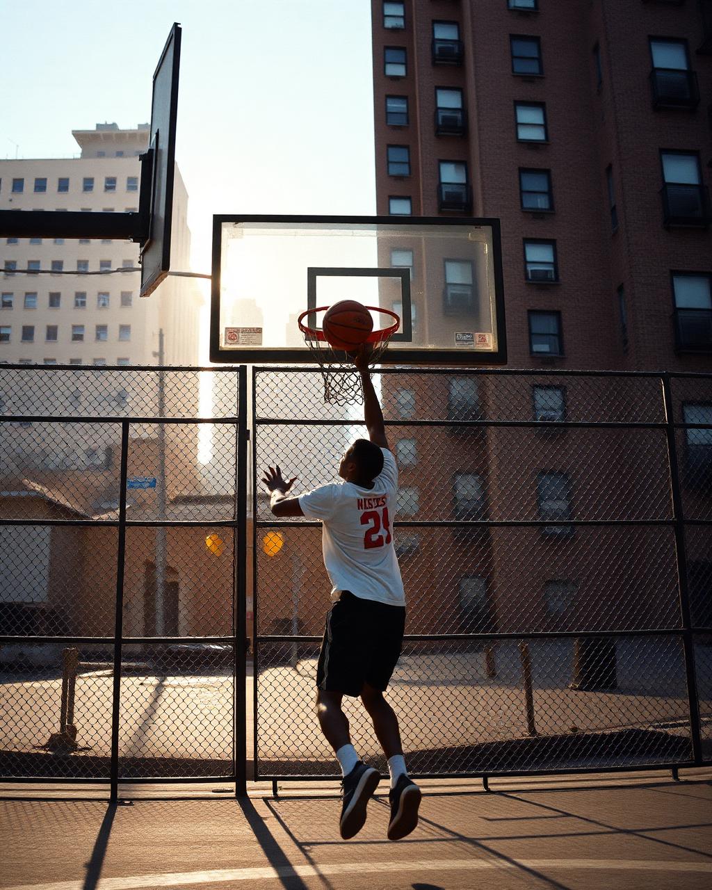 Streetball player going up for a layup on a New York City court