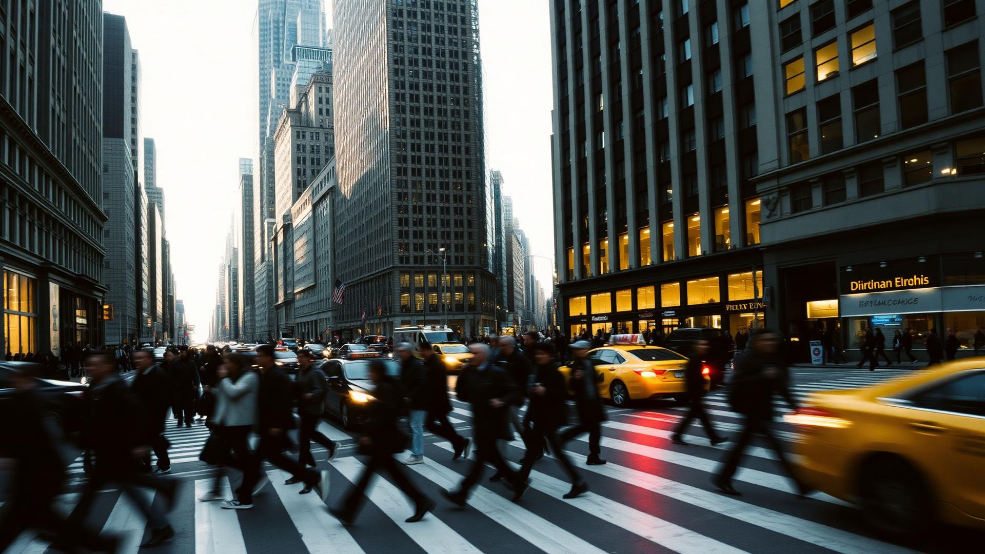 Crowd in motion blur crossing a Manhattan intersection at rush hour
