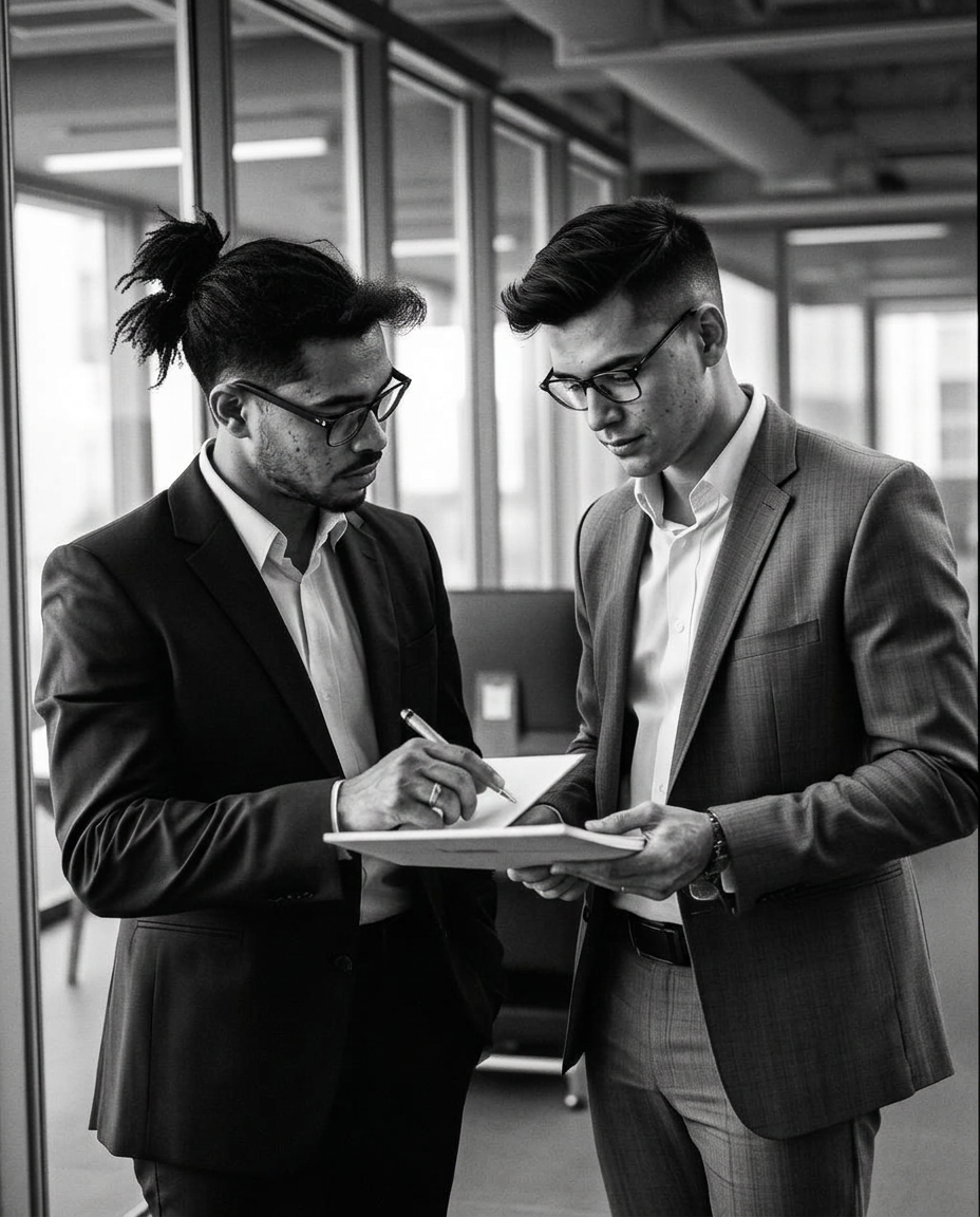 Two colleagues in a focused coaching conversation over campaign notes