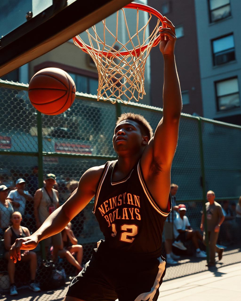 Streetball athlete rising for a layup at a caged New York City court as spectators watch