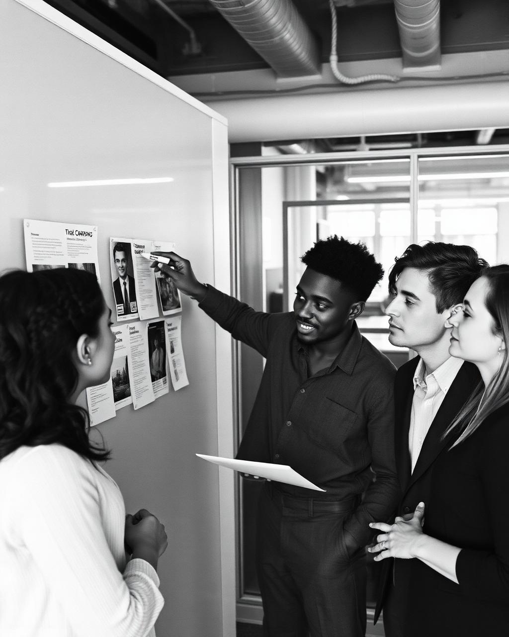 The team reviewing pinned campaign notes on the office wall