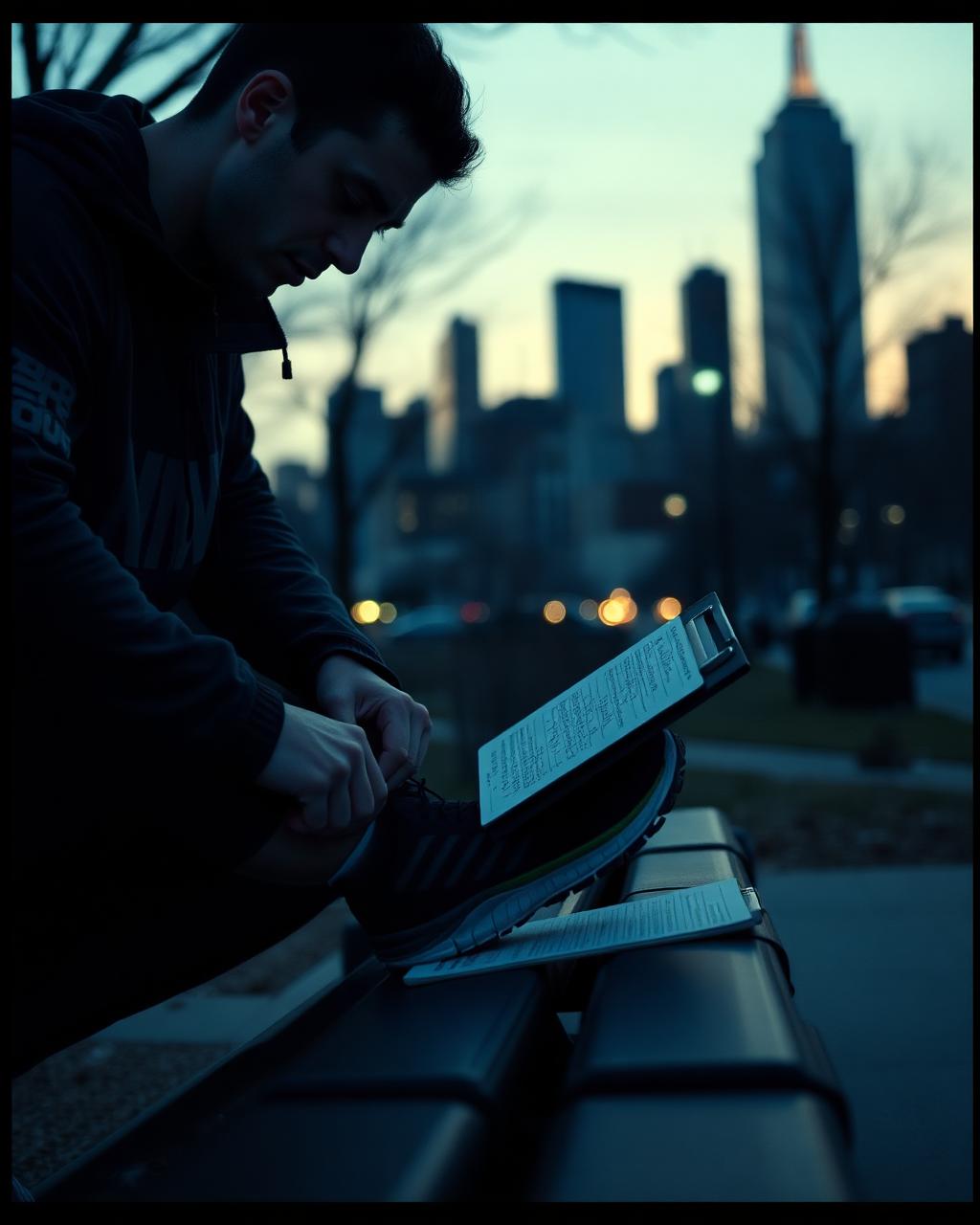 Athlete lacing running shoes and reviewing notes at dawn with the Manhattan skyline behind