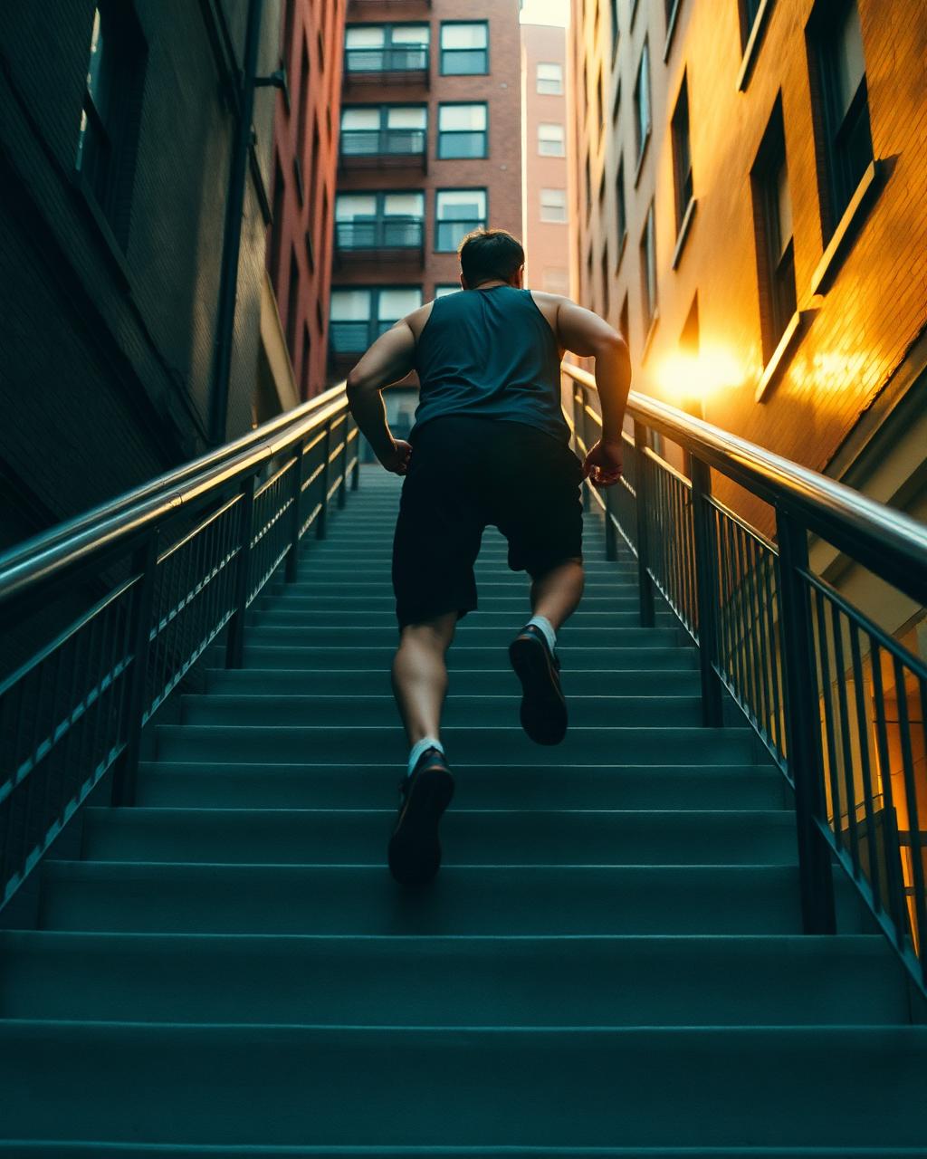 Athlete powering up a long city staircase toward golden light between brick buildings