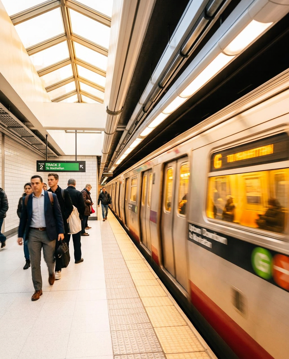 New York subway train arriving at a platform in motion